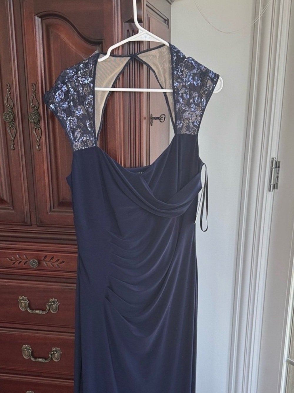 Lauren Ralph Lauren Navy Sequin Lace Ruched Formal Gown Size 14 NWT
